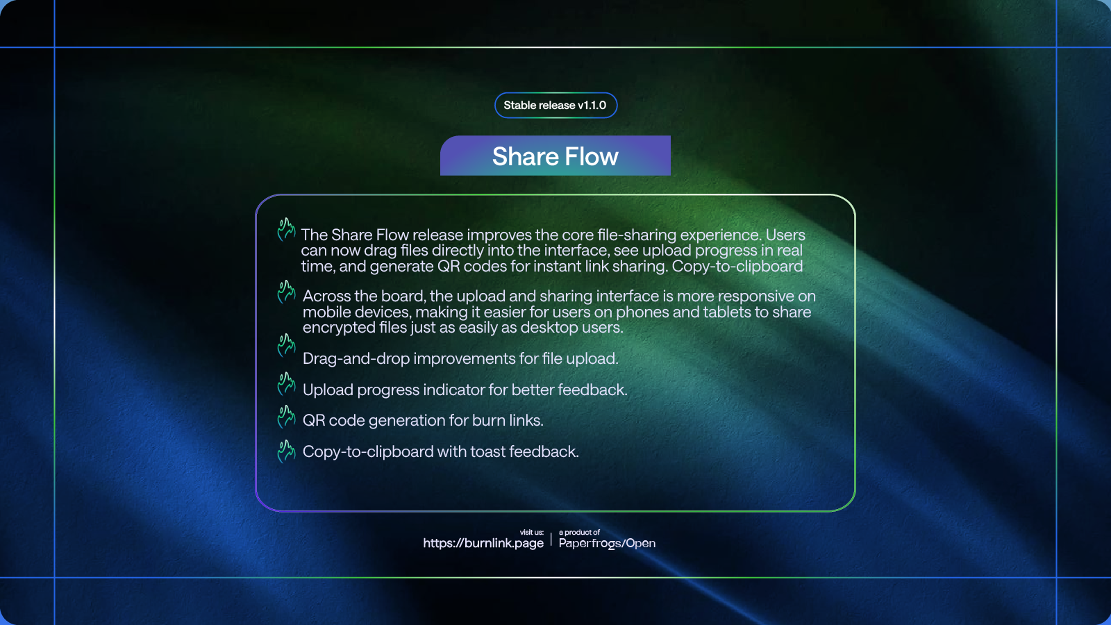 BurnLink v1.1.0 Share Flow release artwork.