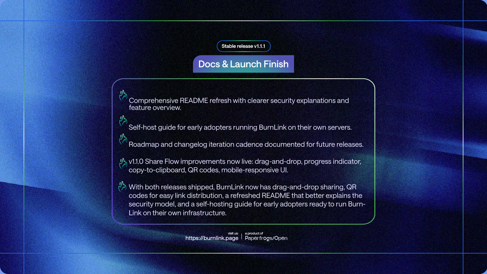 BurnLink v1.1.1 Docs & Launch Finish release artwork.