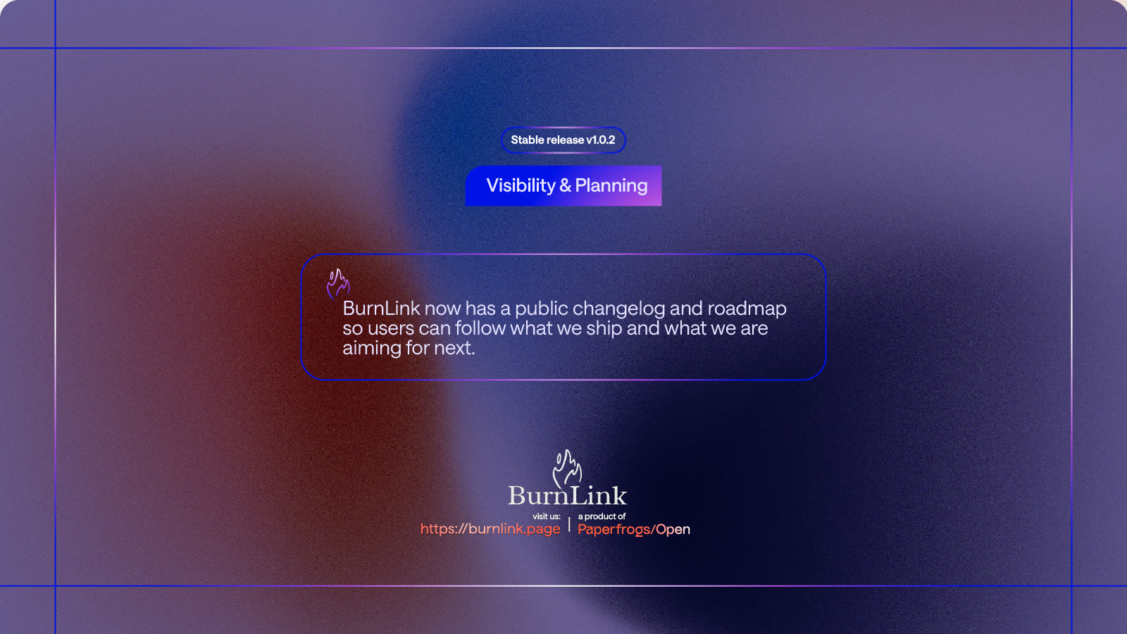 BurnLink changelog artwork for the v1.0.2 Visibility and Planning release.